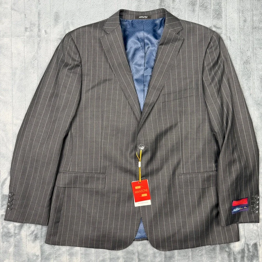 Mantoni Mens 2 Piece Suit 46R 40W Charcoal Grey Pinstripe 100% Virgin Wool NWT